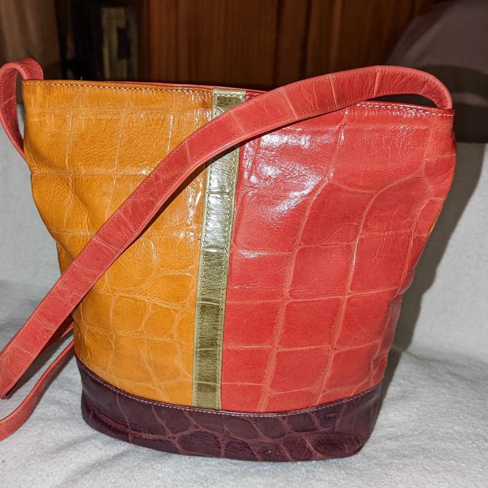 LJ Simone New York colorful croc embossed leather bag.